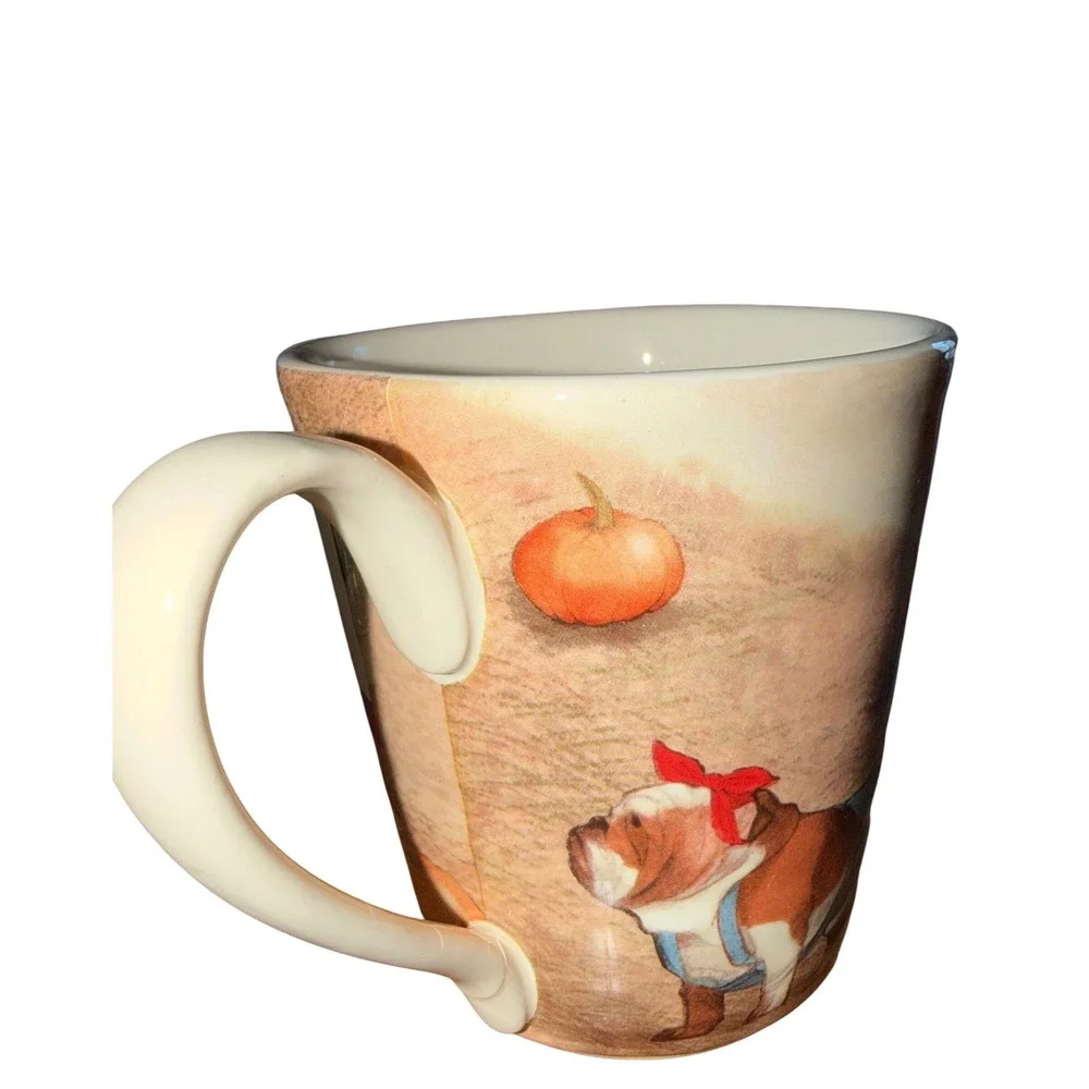 Pier 1 Imports Dog Harvest Mug White Ironstone Pumpkin Patch Red Truck Excellent